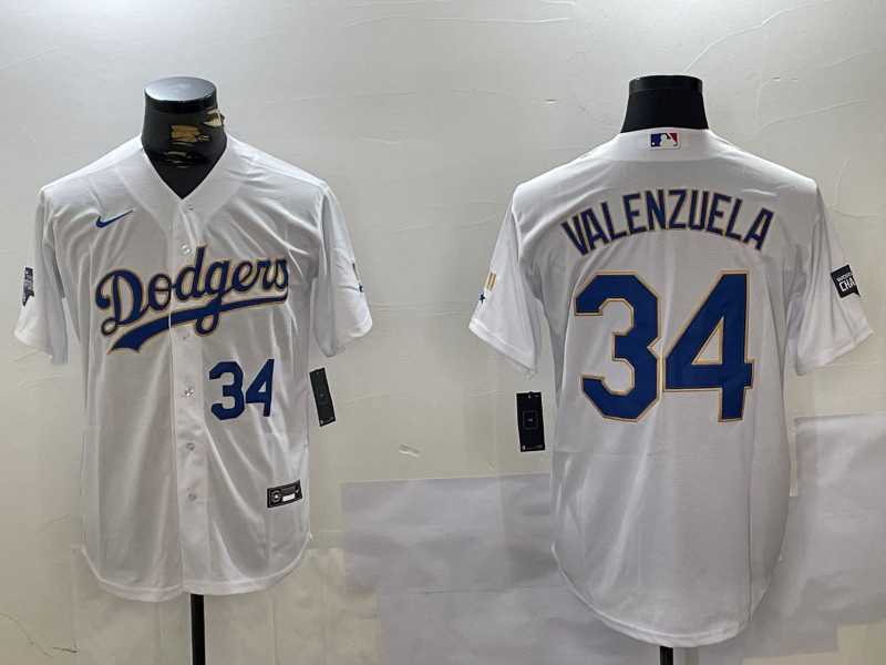 Mens Los Angeles Dodgers #34 Fernando Valenzuela Number White Gold Championship Stitched Cool Base Nike Jerseys